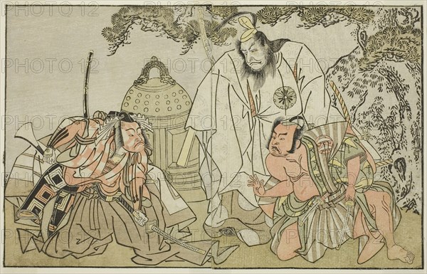 The Actors Nakajima Mihoemon II as Aramaki Mimishiro (right), Matsumoto Koshiro II as Otomo no Yamanushi (center), and Ichikawa Danzo III as Hannya no Goro (left), in the Play Kuni no Hana Ono no Itsumoji, Performed at the Nakamura Theater in the Eleventh Month, 1771, c. 1772, Katsukawa Shunsho ?? ??, Japanese, 1726-1792, Japan, Color woodblock print, from the illustrated book Yakusha Kuni no Hana (Prominent Actors of Japan), 17.1 x 27.2 cm (6 3/4 x 10 11/16 in.)