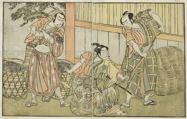 The Actors Kasaya Matakuro II as Hagun Taro (right), Ichikawa Monnosuke II as Izutsu no Suke Narihira (center), and Nakamura Nakazo I as Kose no Kanaoka Disguised as Sogoro the Charcoal Maker, in the Play Kuni no Hana Ono no Itsumoji, Performed at the Nakamura Theater in the Eleventh Month, 1771, c. 1772, Katsukawa Shunsho ?? ??, Japanese, 1726-1792, Japan, Color woodblock print, from the illustrated book Yakusha Kuni no Hana (Prominent Actors of Japan), 17 x 27.2 cm (6 11/16 x 10 11/16 in.)