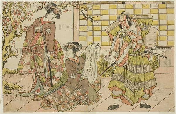 The Actors Ichikawa Danjuro V as Miura Kunitae (right), Segawa Kikunojo III as Yasukata (center), and Iwai Hanshiro IV as Utou (left), in the Play Godai Genji Mitsugi no Furisode, Performed at the Nakamura Theater in the Eleventh Month, 1782, c. 1782, Katsukawa Shunsho ?? ??, Japanese, 1726-1792, Japan, Color woodblock print, double-page illustration from an unidentified theatrical picture-book, 17.4 x 27.2 cm (6 7/8 x 10 11/16 in.)