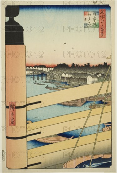 Nihon Bridge and Edo Bridge (Nihonbashi, Edobashi), from the series One Hundred Famous Views of Edo (Meisho Edo hyakkei), 1857, Utagawa Hiroshige ?? ??, Japanese, 1797-1858, Japan, Color woodblock print, oban, 35.5 x 23.7 cm (13 15/16 x 9 5/16 in.)