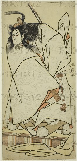 The Actor Onoe Matsusuke I as Ashikaga Takauji in the Play Kumoi no Hana Yoshino no Wakamusha, Performed at the Nakamura Theater in the Eleventh Month, 1786, c. 1786, Katsukawa Shunsen, Japanese, active 1780s-early 1790s, Japan, Color woodblock print, hosoban, 31.5 x 14.7 cm (12 3/8 x 5 13/16 in.)