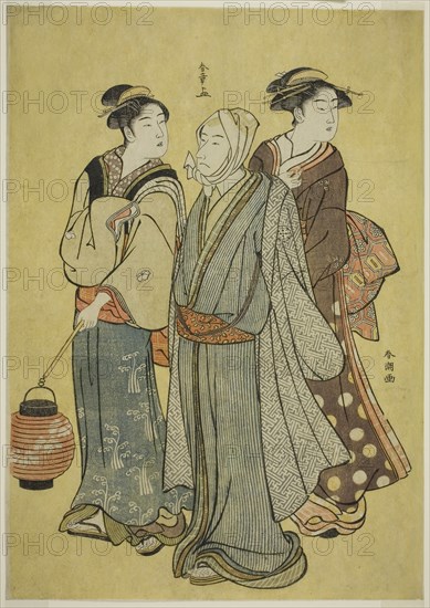 A Young Man Dressed as an Actor of the Ichikawa Family (by Shunsho), a Maid and a Geisha (by Shuncho), late 1780s, Katsukawa Shunsho, Japanese, 1726-1792, Katsukawa Shuncho, Japanese, active c. 1780-1801, Japan, Color woodblock print, aiban, 32.3 x 23 cm (12 11/16 x 9 1/16 in.)