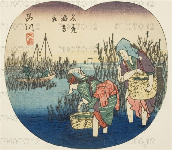 Gathering Seaweed at Omori in Shinagawa (Shinagawa, Omori, meisan nori tori), section of sheet no. 1 from the series Cutout Pictures of the Tokaido Road (Tokaido harimaze zue), c. 1848/52, Utagawa Hiroshige ?? ??, Japanese, 1797-1858, Japan, Color woodblock print, section of harimaze sheet, 14.6 x 16.2 cm