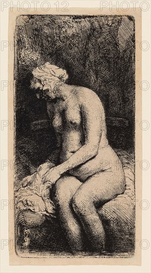 Woman Bathing her Feet at a Brook, 1658, Rembrandt van Rijn, Dutch, 1606-1669, Holland, Etching on buff paper, 159 x 79 mm (image/plate), 168 x 87 mm (sheet)