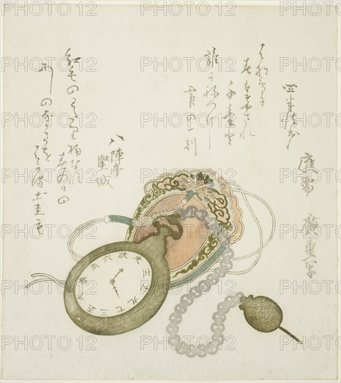 Pocket watch, c. 1823, Utagawa Hiroshige ?? ??, Japanese, 1797-1858, Japan, Color woodblock print, shikishiban, surimono, 20.8 x 18.8 cm