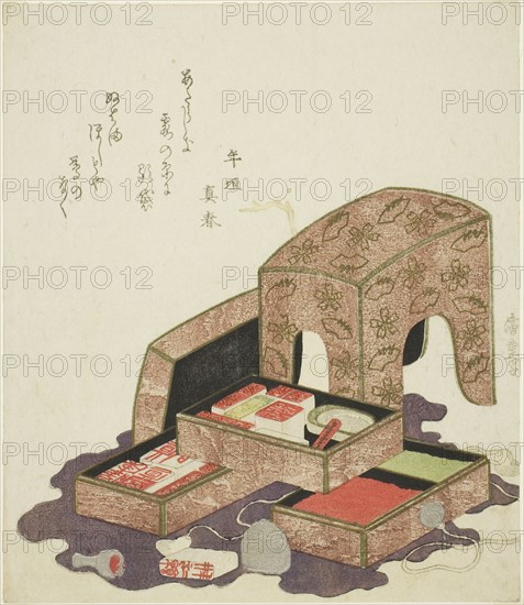 Collection of seals in lacquer trays, c. 1820, Utagawa Hiroshige ?? ??, Japanese, 1797-1858, Japan, Color woodblock print, shikishiban, surimono, 20.9 x 18 cm (8 1/4 x 7 1/16 in.)