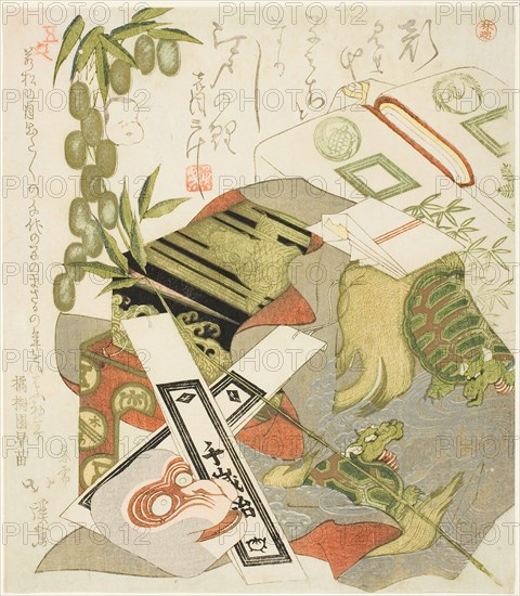 Still-Life with Monkey Mask, 1824, Totoya Hokkei, Japanese, 1780–1850, Japan, Color woodblock print with metallic pigments, surimono shikishiban, 20.9 x 18.2 cm