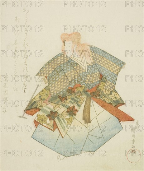 Dancer in Momijigari, from an untitled series of nerimono festival dancers, c. 1823, Yanagawa Shigenobu I, Japanese, 1787–1832, Japan, Color woodblock print, shikishiban, surimono, 21.7 x 18.4 cm (8 9/16 x 7 1/4 in.)