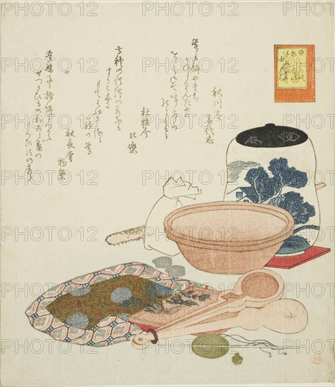 Jar, scales and bowl, no. 6 from the series The Rabbit’s Boastful Exploits (Usagi tegarabanashi), 1819, Ryuryukyo Shinsai, Japanese, c. 1764-1820, Japan, Color woodblock print, shikishiban, surimono, 21.0 x 18.3 cm