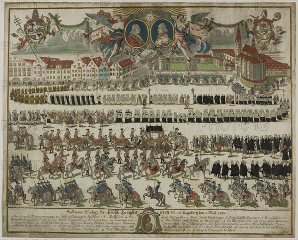 Pageant in Honor of Pope Pius VI, 1782/83, J. G. Freling, German, 18th Century, Germany, Engraving with handcoloring on ivory laid paper, 322 × 402 mm (image), 323 × 402 mm (plate), 333 × 412 mm (sheet)