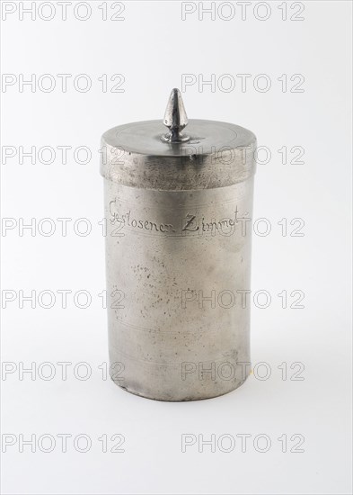 Canister for Cinnamon, c. 1774, Martin Boeckmann, German, active 18th century, Tübingen, Germany, Tübingen, Pewter, 19.1 x 9.5 cm (7 1/2 x 3 3/4 in.)