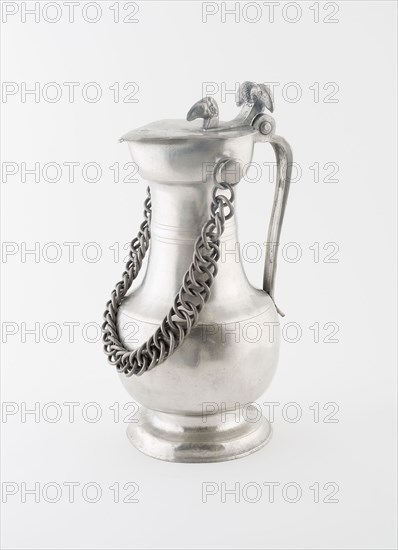 Covered Flagon with Chain, c. 1845, Giovanni del Barba, Swiss, active first half 19th century, Switzerland, Wallis, Pewter, 34.3 x 16.5 x 18.4 cm (13 1/2 x 6 1/2 x 7 1/4 in.)
