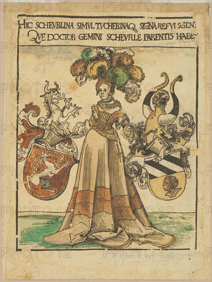 Book-Plate of Scheurl and Tucher, c. 1510, Lucas Cranach the Elder, German, 1472-1553, Germany, Woodcut in black hand colored with brush and watercolor on cream laid paper, laid down on tan laid paper, 165 x 127 mm (image), 188 x 139 mm (sheet), 194 x 146 mm (mounting sheet)