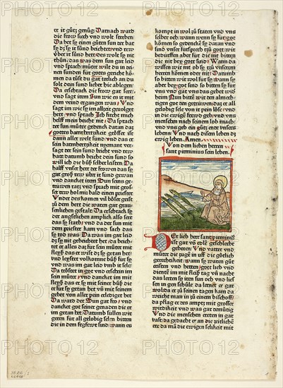 Life of Saint Pirminius from Heiligenleben, Winterteil (Lives of the Saints, Wintertime), Plate 1 from Woodcuts from Books of the 15th Century, 1471, portfolio assembled 1929, Unknown Artist  (Augsburg, 15th century), printed and published by Günther Zainer (German, active 1468-1478), original text by Jacobus de Voragine (Italian, c. 1230–1298), portfolio text by Wilhelm Ludwig Schreiber (German, 1855–1932), Germany, Woodcut in black with hand-colored additions, and letterpress in black with rubrication (recto and verso), on cream laid paper, tipped onto cream wove paper mat, 73 x 73 mm (image), 364 x 265 mm (sheet)