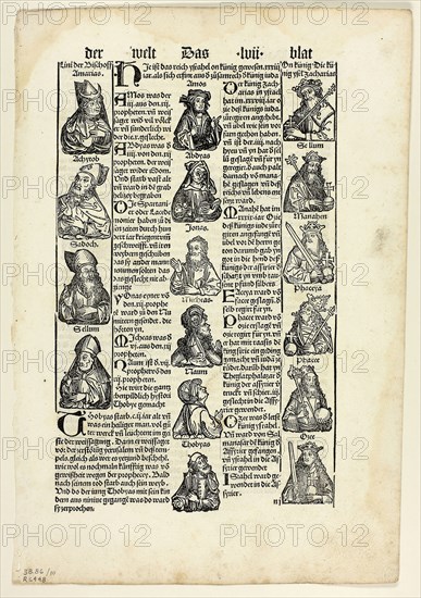 Bishops, Prophets, and Kings from Schedel Weltchronik (Schedel’s World History), Plate 10 from Woodcuts from Books of the 15th Century, 1496, portfolio assembled 1929, Unknown Artist (Augsburg, 15th century), printed and published by Johann Schönsperger the Elder (German, ca. 1455–1521), original text by Hartmann Schedel (German, 1440–1514), portfolio text by Wilhelm Ludwig Schreiber (German, 1855–1932), Germany, Woodcut and letterpress in black (recto and verso) on cream laid paper, tipped onto cream wove paper mat, 300 x 205 mm