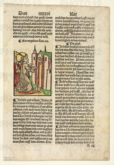 Jesus Foretelling the Destruction of Jerusalem from Spiegel menschlicher Behältnis (The Mirror of Human Salvation), Plate 13 from Woodcuts from Books of the 15th Century, 1500, portfolio assembled 1929, Unknown Artist  (Augsburg, 15th century), printed and published by Johann Schönsperger the Elder (German, c. 1455–1521), portfolio text by Wilhelm Ludwig Schreiber (German, 1855–1932), Germany, Woodcut in black with hand-colored additions, and letterpress in black (recto and verso), on buff laid paper, tipped onto cream wove paper mat, 83 x 63 mm (image), 257 x 176 mm (sheet)