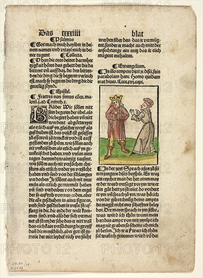 The Parable of the Unjust Steward from Plenarium, Plate 14 from Woodcuts from Books of the 15th Century, 1497, portfolio assembled 1929, Unknown Artist  (Augsburg, 15th century), printed and published by Johann Schönsperger the Elder (German, c. 1455–1521), portfolio text by Wilhelm Ludwig Schreiber (German, 1855–1932), Germany, Woodcut in black with hand-colored additions, and letterpress in black (recto and verso), on buff laid paper, tipped onto cream wove paper mat, 80 x 60 mm (image), 271 x 195 mm (sheet)