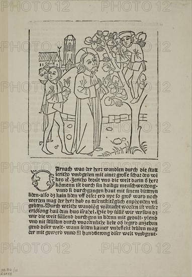 Jesus Calling Zacchaeus from Geistliche Auslegung des Lebens Jesu Christi (The Spiritual Interpretation of the Life of Christ), Plate 15 from Woodcuts from Books of the 15th Century, c. 1485, portfolio assembled 1929, Unknown Artist (near Ulm, 15th century), printed and published by Johann Zainer (German, active 1473–c. 1523), portfolio text by Wilhelm Ludwig Schreiber (German, 1855–1932), Germany, Woodcut in black, and letterpress in black (recto and verso), on cream laid paper, 125 x 119 mm (image/block), 253 x 168 mm (sheet)