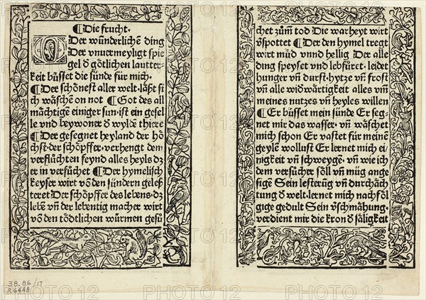 Devotional passages with ornamental borders from Andächtig Zeitglöcklein des Leben und Leidens Christi, Plate 17 from Woodcuts from Books of the 15th Century, 1493, portfolio assembled 1929, Unknown Artist (Ulm, 15th century), printed and published by Konrad Dinckmut (German, active 1476-1499), original text by Bertholdus von Regensburg (German, c. 1220–1272), portfolio text by Wilhelm Ludwig Schreiber (German, 1855–1932), Germany, Woodcut and letterpress in black (recto and verso) on cream laid paper, tipped onto cream wove paper mat, 135 x 194 mm