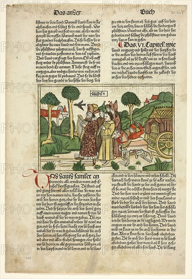 David and the Chosen Men of Israel Accompanying the Ark from The Bible (also called the Ninth German Bible), Plate 19 from Woodcuts from Books of the 15th Century, 1483, portfolio assembled 1929, Unknown Artist (Cologne, late 15th century), printed and published by Anton Koberger (German, c. 1440/45–1513), portfolio text by Wilhelm Ludwig Schreiber (German, 1855–1932), Germany, Woodcut in black with hand-colored additions, and letterpress in black with rubrication (recto and verso), on cream laid paper, 118 x 182 mm (image), 360 x 242 mm (sheet)