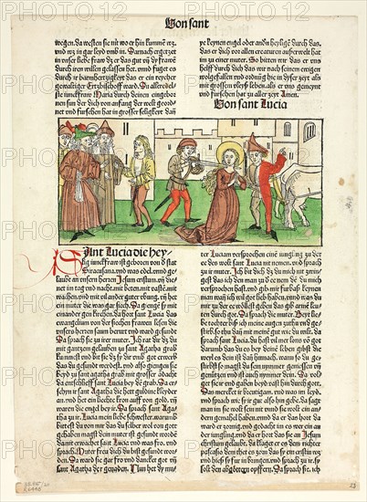 The Martyrdom of Saint Lucy from Heiligenleben, Sommerteil (Lives of the Saints, Summertime), Plate 20 from Woodcuts from Books of the 15th Century, 1488, portfolio assembled 1929, Unknown Artist (Nuremberg, 15th century), printed and published by Anton Koberger (German, c. 1440/45–1513), original text by Jacobus de Voragine (Italian, c. 1230–1298), portfolio text by Wilhelm Ludwig Schreiber (German, 1855–1932), Germany, Woodcut in black with hand-colored additions, and letterpress in black with rubrication, (recto and verso), on cream laid paper, tipped onto cream wove paper mat, 89 x 185 mm (image), 333 x 244 mm (sheet)