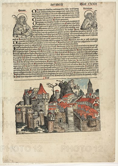 Geneva from Schedel Weltchronik (Schedel’s World History), Plate 22 from Woodcuts from Books of the 15th Century, 1493, portfolio assembled 1929, Michel Wolgemut (German, 1434/37–1519) and Wilhelm Pleydenwurff (German, c. 1460–1494), printed and published by Anton Koberger (German, c. 1440/45–1513), original text by Hartmann Schedel (German, 1440–1514), portfolio text by Wilhelm Ludwig Schreiber (German, 1855–1932), Germany, Woodcut in black with hand-colored additions, and letterpress in black with rubrication (recto and verso), on buff laid paper, tipped onto cream wove paper mat, 427 x 300 mm