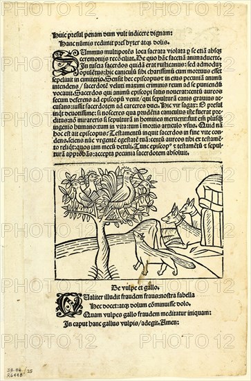 The Fox and the Rooster from Fabulae et Vita (Fables and Life), Plate 25 from Woodcuts from Books of the 15th Century, c. 1500, portfolio assembled 1929, Unknown Artist (Basle, late 15th century), printed and published by Michael Furter (German, active 1483–1516/17), original text by Aesop (Greek, c. 620–560 B.C.), portfolio text by Wilhelm Ludwig Schreiber (German, 1855–1932), Germany, Woodcut in black, and letterpress in black (recto and verso), on buff laid paper, 79 x 115 mm (image), 256 x 166 mm (sheet)
