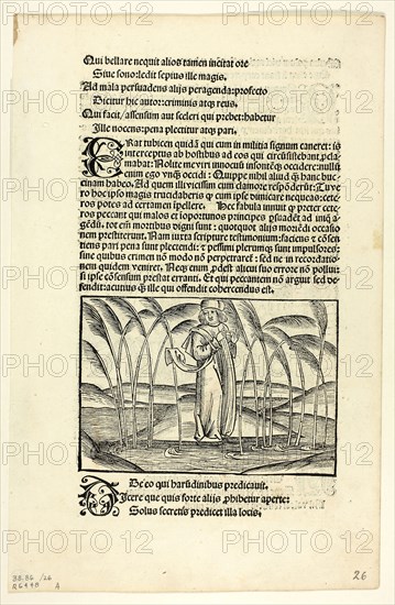 The Man Who Therefore Preached to the Reeds (recto) and The Armed Noble Who Presumed Much but Did Little (verso) from Fabulae et Vita (Fables and Life), Plate 26 from Woodcuts from Books of the 15th Century, c. 1500, portfolio assembled 1929, Unknown Artist (Basle, late 15th century), printed and published by Michael Furter (German, active 1483–1516/17), original text by Aesop (Greek, c. 620–560 B.C.), portfolio text by Wilhelm Ludwig Schreiber (German, 1855–1932), Germany, Woodcut and letterpress in black (recto and verso) on buff laid paper, 79 x 116 mm (image, recto), 78 x 116 mm (image, verso), 260 x 117 mm (sheet)
