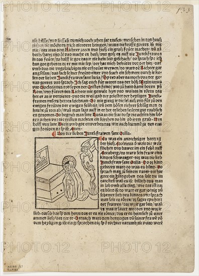 Saint Otilia from Plenarium, Plate 27 from Woodcuts from Books of the 15th Century, c. 1483, portfolio assembled 1929, Unknown Artist (Strassburg, late 15th century), printed and published by Martin Schott (German, active 1481–1499), portfolio text by Wilhelm Ludwig Schreiber (German, 1855–1932), Germany, Woodcut in black with pen and gray ink additions, and letterpress in black with rubrication (recto and verso), on cream laid paper, 67 x 76 mm (image), 283 x 210 mm (sheet)