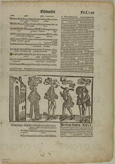 The Eunuch from Terenti cum directorio, Plate 29 from Woodcuts from Books of the 15th Century, 1496, portfolio assembled 1929, Unknown Artist (Strasbourg, late 15th century), printed and published by Johann Reinhard Grüninger (German, c. 1455–1532), original text by Terence (Publius Terentius Afer) (North African, 195/185–c. 159 B.C.), portfolio text by Wilhelm Ludwig Schreiber (German, 1855–1932), Germany, Woodcut in black from five block, and letterpress in black (recto and verso), on cream laid paper, 88 x 156 mm (image), 304 x 213 mm (sheet)