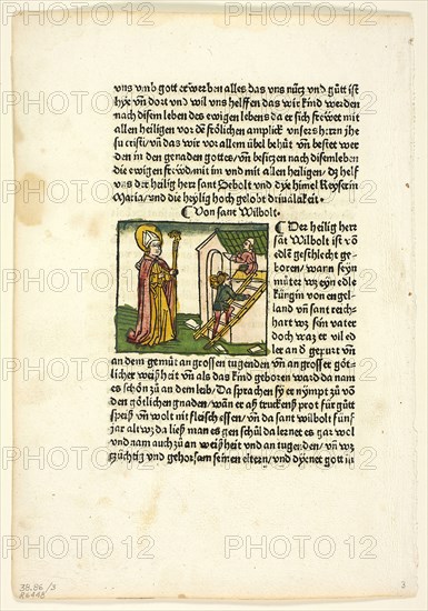 Saint Wilbolt from Heiligenleben, Winterteil (Lives of the Saints—Wintertime), Plate 3 from Woodcuts from Books of the 15th Century, 1475, portfolio assembled 1929, Unknown Artist (Augsburg, 15th century), printed and published by Johannes (Hans) Baemler (German, 1435-1504), original text by Jacobus de Voragine (Italian, c. 1230–1298), portfolio text by Wilhelm Ludwig Schreiber (German, 1855–1932), Germany, Woodcut in black with hand-colored additions, and letterpress in black (recto and verso), on cream laid paper, tipped onto cream wove paper mat, 70 x 80 mm (image), 300 x 206 mm (sheet)