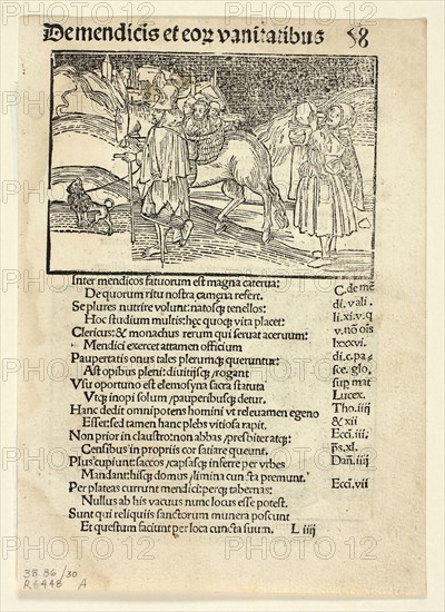 Beggars and Their Vanities (recto) and Of Irate Women (verso) from Navis Stultifera (Ship of Fools), Plate 30 from Woodcuts from Books of the 15th Century, 1497, portfolio assembled 1929, Unknown Artist (Strasbourg, late 15th century), printed and published by Johann Reinhard Grüninger (German, c. 1455–1532), original text by Sebastian Brant (German, 1457–1521), portfolio text by Wilhelm Ludwig Schreiber (German, 1855–1932), Germany, Woodcut and letterpress in black (recto and verso) on cream laid paper, tipped onto cream wove paper mat, 76 x 111 mm (image, recto), 78 x 111 mm (image, verso), 196 x 140 mm (sheet)