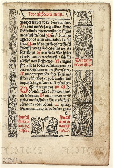 Leaf from Cursus Beate Marie Virginis (The Journey of the Blessed Virgin Mary), Plate 31 from Woodcuts from Books of the 15th Century, c. 1497, portfolio assembled 1929, Unknown Artist (possibly Basle, late 15th century), printed and published by Marcus Reinhard (German, active 1491–c. 1497), portfolio text by Wilhelm Ludwig Schreiber (German, 1855–1932), Swiss, Woodcut and letterpress in black and red (recto and verso) on cream laid paper, tipped onto cream wove paper mat, 155 x 103 mm