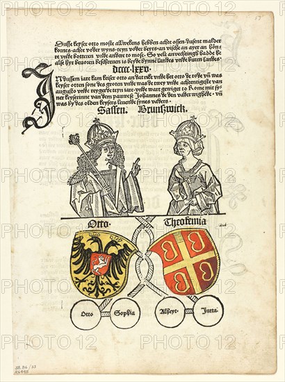 Duke Otto of Saxony and his Wife, Theokemia from Sachsen-Chronik (Saxon Chronicle), Plate 33 from Woodcuts from Books of the 15th Century, 1492, portfolio assembled 1929, Unknown Artist (Mainz, late 15th century), printed and published by Peter Schöffer (German, c. 1425–c. 1503), original text by Conrad Botho (German, active 1475–c. 1501), portfolio text by Wilhelm Ludwig Schreiber (German, 1855–1932), Germany, Woodcut in black with hand-colored additions, and letterpress in black (recto and verso), on cream laid paper, tipped onto cream wove paper mat, 161 x 125 mm (image), 277 x 203 mm (sheet)