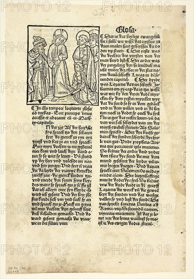 The Woman Healed of an Issue of Blood from Plenarium (also called Deutsche Evangelien und Episteln, or German Gospels and Epistles), Plate 36 from Woodcuts from Books of the 15th Century, 1489, portfolio assembled 1929, Unknown Artist (Strasbourg, late 15th century), printed and published by Ludwig von Renchen (German, active 1485–1505), portfolio text by Wilhelm Ludwig Schreiber (German, 1855–1932), Germany, Woodcut in black, and letterpress in black (recto and verso), on buff laid paper, tipped onto cream wove paper mat, 77 x 71 mm (image), 263 x 178 mm (sheet)