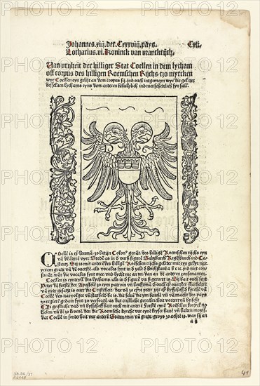 Holy Roman Empire Coat of Arms with Cologne Coat of Arms from Koelner Chronik (Cologne Chronicle), Plate 37 from Woodcuts from Books of the 15th Century, 1499, portfolio assembled 1929, Unknown Artist (Cologne, late 15th century), printed and published by Johann Kœlhoff the Younger (German, active 1487–1502), portfolio text by Wilhelm Ludwig Schreiber (German, 1855–1932), Germany, Woodcut in black, and letterpress in black with rubrication (recto and verso), on cream laid paper, tipped onto cream wove paper mat, 135 x 135 mm (image), 338 x 220 mm (sheet)