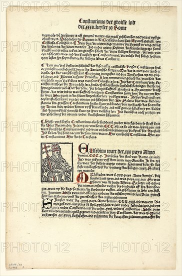 Pope Miltiades (recto) and Saint Gereon’s Basilica (verso) from Koelner Chronik (Cologne Chronicle), Plate 38 from Woodcuts from Books of the 15th Century, 1499, portfolio assembled 1929, Unknown Artist (Cologne, late 15th century), printed and published by Johann Kœlhoff the Younger (German, active 1487–1502), portfolio text by Wilhelm Ludwig Schreiber (German, 1855–1932), Germany, Woodcut and letterpress in black with rubrication (recto and verso) on cream laid paper, tipped onto cream wove paper mat, 51 x 41 mm (image, recto), 50 x 68 mm (image, verso), 336 x 220 mm (sheet)