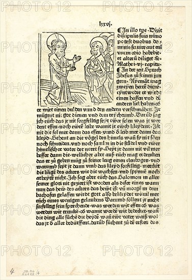 Jesus Preaching to His Disciples from Plenarium, Plate 4 from Woodcuts from Books of the 15th Century, 1478, portfolio assembled 1929, Unknown Artist  (Augsburg, 15th century), printed and published by Anton Sorg (German, c. 1430–1493), portfolio text by Wilhelm Ludwig Schreiber (German, 1855–1932), Germany, Woodcut and letterpress in black (recto and verso) on cream laid paper, tipped onto cream wove paper mat, 76 x 78 mm (image), 281 x 188 mm (sheet)