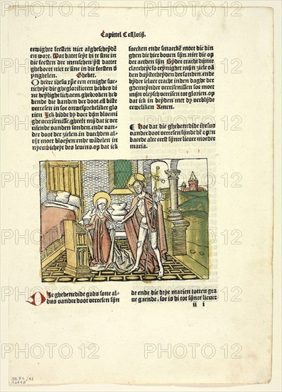 Christ Appearing to His Mother After His Resurrection from Leven Christi (Life of Christ), Plate 42 from Woodcuts from Books of the 15th Century, 1488, portfolio assembled 1929, Unknown Artist (Gouda or Antwerp, late 15th century), printed and published by Claes Leeu (Flemish, active c. 1484–1488), original text by Ludolphus de Saxonia (German, c. 1295–1378), portfolio text by Wilhelm Ludwig Schreiber (German, 1855–1932), Flanders, Woodcut in black with hand-colored additions, and letterpress in black with rubrication (recto and verso), on cream laid paper, tipped onto cream wove paper mat, 95 × 130 mm (image), 288 × 203 mm (sheet)