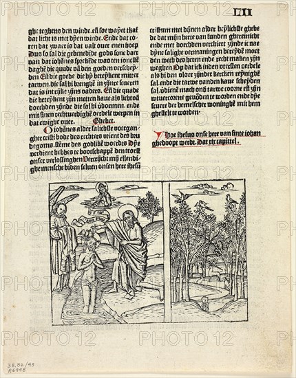 The Baptism of Christ and Forest Scene from Leven Christi (Life of Christ), Plate 43 from Woodcuts from Books of the 15th Century, 1495, portfolio assembled 1929, Unknown Artist (Gouda or Antwerp, late 15th century), printed and published by Pieter van Os (Netherlandish, active c. 1479-1496), original text by Ludolphus de Saxonia (German, c. 1295–1378), portfolio text by Wilhelm Ludwig Schreiber (German, 1855–1932), Netherlands, Woodcut in black, and letterpress in black with rubrication (recto and verso), on cream laid paper, 93 x 128 mm (image), 240 x 188 mm (sheet)