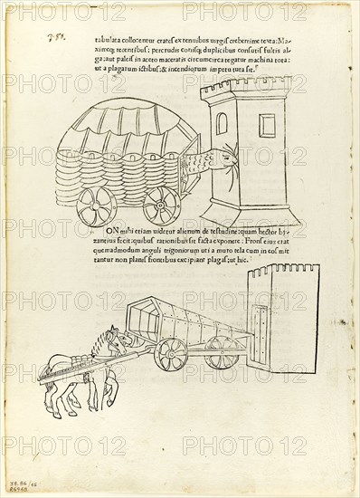 Battering Rams from De re militari (Concerning Military Matters), Plate 45 from Woodcuts from Books of the 15th Century, 1472, portfolio assembled 1929, Matteo de’ Pasti (Italian, c. 1420-1467/68), printed and published by Johannes Nicolai de Verona (Italian, c. 1405–1475), original text by Robertus Valturius (Italian, 1405–1475), portfolio text by Wilhelm Ludwig Schreiber (German, 1855–1932), Italy, Woodcut in black, and letterpress in black (recto and verso), on cream laid paper, 310 x 223 mm (sheet)