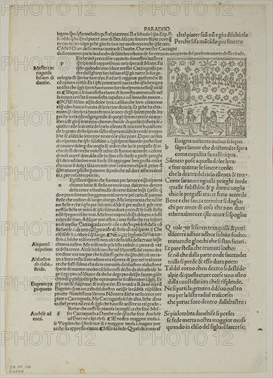 Paradise: Canto XV (Fifth Heaven, Sphere of Mars) from Divina Commedia (Divine Comedy), Plate 48 from Woodcuts from Books of the 15th Century, 1491, portfolio assembled 1929, Unknown Artist (Venice, late 15th century), printed and published by Bernardino Benalius (Italian, c. 1458–c. 1543) and Matteo Capcasa (Italian, active 1485–1491), original text by Dante (Italian, c. 1265-1321), portfolio text by Wilhelm Ludwig Schreiber (German, 1855–1932), Italy, Woodcut in black, and letterpress in black (recto and verso), on cream laid paper, 65 x 64 mm (image/block), 301 x 212 mm (sheet)