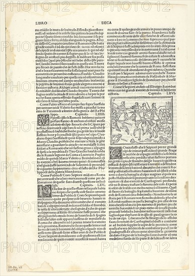 The Victory of the Scipios at Illiturgo from Historiae romanae decades (Roman History), Plate 49 from Woodcuts from Books of the 15th Century, 1493, portfolio assembled 1929, Monogrammist F (Venice, late 15th century), printed by Johannes Rubeus (Italian, active 1480-1519), published by Lucantonio Giunti (Italian, 1457-1538), original text by Livy (Ancient Roman, 64/59 B.C.–17 A.D.), portfolio text by Wilhelm Ludwig Schreiber (German, 1855–1932), Italy, Woodcut in black, and letterpress in black (recto and verso), on cream laid paper, tipped onto cream wove paper mat, 57 x 76 mm (image), 318 x 218 mm (sheet)