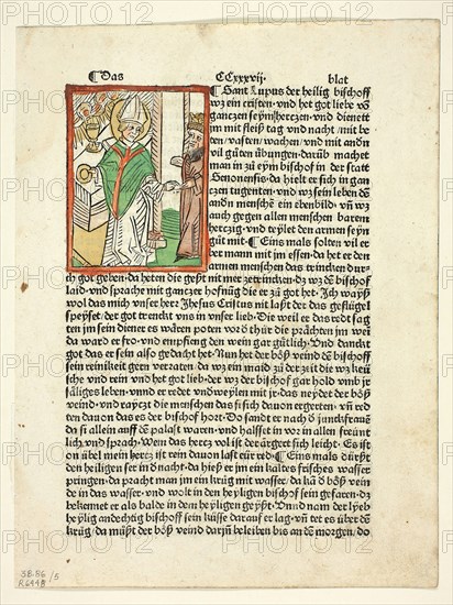 Saint Lupo from Heiligenleben (Lives of the Saints), Plate 5 from Woodcuts from Books of the 15th Century, 1488, portfolio assembled 1929, Unknown Artist (Augsburg, 15th century), printed and published by Anton Sorg (German, c. 1430–1493), original text by Jacobus de Voragine (Italian, c. 1230–1298), portfolio text by Wilhelm Ludwig Schreiber (German, 1855–1932), Germany, Woodcut in black with hand-colored additions, and letterpress in black (recto and verso), on cream laid paper, tipped onto cream wove paper mat, 83 x 63 mm (image), 247 x 184 mm (sheet)