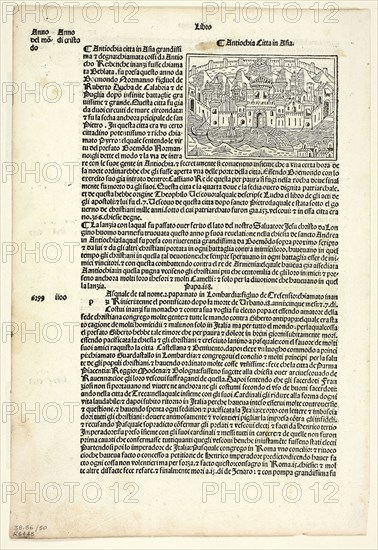 View of Antioch from Supplementum Chronicarum, Plate 50 from Woodcuts from Books of the 15th Century, 1492, portfolio assembled 1929, Unknown Artist (Venice, late 15th century), printed and published by Bernardinus Rizus (Italian, active 1481-1492), original text by Giacomo Filippo Foresti da Bergamo (Italian, 1434–1520), portfolio text by Wilhelm Ludwig Schreiber (German, 1855–1932), Italy, Woodcut in black, and letterpress in black (recto and verso), on cream laid paper, tipped onto cream wove paper mat, 58 x 84 mm (image), 291 x 196 mm (sheet)