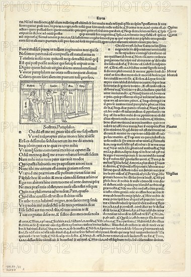 Sostrata, Pamphilus (recto) and Laches, Socrates, Pamphilus (verso) from Comoediae (Comedies), Plate 51 from Woodcuts from Books of the 15th Century, 1497, portfolio assembled 1929, Monogrammist ia (Venice, late 15th century), printed and published by Jacobinus Pentius de Leucho (Italian, active 1486-1530), original text by Terence (Publius Terentius Afer) (North African, 195/185–c. 159 B.C.), portfolio text by Wilhelm Ludwig Schreiber (German, 1855–1932), Italy, Woodcut and letterpress in black (recto and verso) on cream laid paper, tipped onto cream wove paper mat, 49 x 83 mm (image), 303 x 208 mm (sheet)