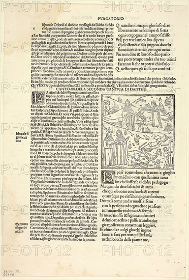 Inferno: Canto XII (Circle Seven, First Ring) from Divina Commedia (Divine Comedy), Plate 52 from Woodcuts from Books of the 15th Century, 1497, portfolio assembled 1929, Unknown Artist (Venice, late 15th century), printed and published by Petrus de Quarengiis (Italian, active 1492-1514), original text by Dante (Italian, c. 1265-1321), portfolio text by Wilhelm Ludwig Schreiber (German, 1855–1932), Italy, Woodcut in black, and letterpress in black (recto and verso), on cream laid paper, tipped onto cream wove paper mat, 83 x 82 mm (image), 304 x 204 mm (sheet)