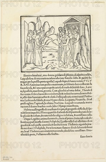 Poliphilus Meeting the Venerable Matron (recto) and Poliphilus in a Rocky Place (verso) from Hypnerotomachia Poliphili (The Strife of Love in a Dream) Plate 54 from Woodcuts from Books of the 15th Century, 1499, portfolio assembled 1929, Unknown Artist (Venice, late 15th century), printed by Aldus Manutius (Italian, 1449-1515), commissioned by Leonardo Crasso (Italian, active c. 1499–1509), original text by Francesco Colonna (Italian, 1433/34–1527), portfolio text by Wilhelm Ludwig Schreiber (German, 1855–1932), Italy, Woodcut and letterpress in black (recto and verso) on cream laid paper, tipped onto cream wove paper mat, 104 x 130 mm (image, recto), 172 x 128 mm (image, verso), 293 x 192 mm (sheet)