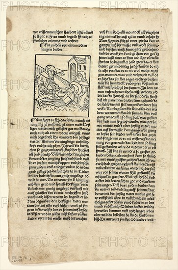 A Token from a Dead Young Brother (recto) and Father Mucius in His Cell (verso) from Altvaeterleben (Life of the Patriarchs), Plate 6 from Woodcuts from Books of the 15th Century, 1488, portfolio assembled 1929, Unknown Artist (Augsburg, 15th century), printed and published by Peter Berger (German, active 1486–1489), original text by Saint Jerome (Dalmatia, c. 347–420), portfolio text by Wilhelm Ludwig Schreiber (German, 1855–1932), Germany, Woodcut and letterpress in black (recto and verso) on buff laid paper, tipped onto cream wove paper mat, 71 x 63 mm (image, recto), 71 x 60 mm (image, verso), 291 x 189 mm (sheet)