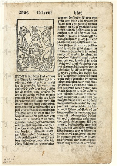 Saint Quiriaco from Heiligenleben (Lives of the Saints), Plate 8 from Woodcuts from Books of the 15th Century, 1489, portfolio assembled 1929, Unknown Artist (Augsburg, 15th century), printed and published by Johann Schönsperger the Elder (German, ca. 1455–1521), original text by Jacobus de Voragine (Italian, c. 1230–1298), portfolio text by Wilhelm Ludwig Schreiber (German, 1855–1932), Germany, Woodcut in black, and letterpress in black (recto and verso), on buff laid paper, tipped onto cream wove paper mat, 83 x 60 mm (image), 258 x 175 mm (sheet)